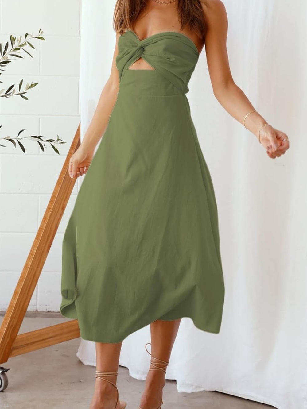 Olive Strapless Tie Front Linen Blend Midi Dress